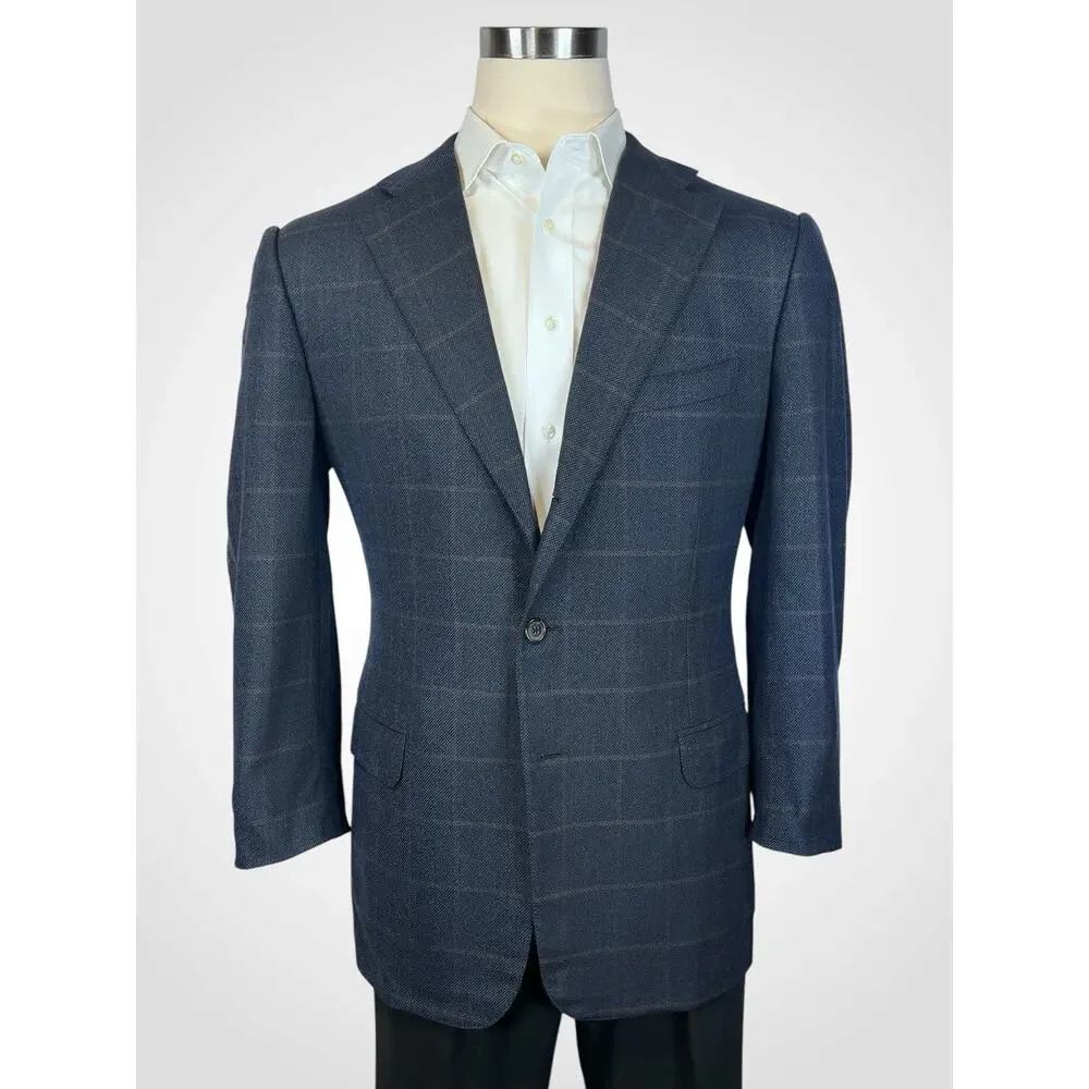 Zegna 15 Milmil 15 Sport Coat 44R Navy Blue Camel Plaid 3/2 Roll
